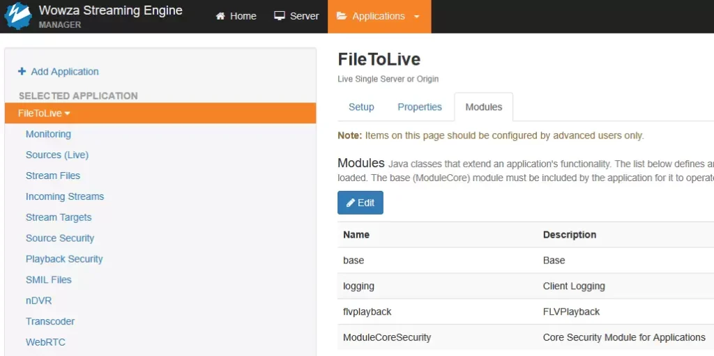FileToLive 어플리케이션의 모듈 목록