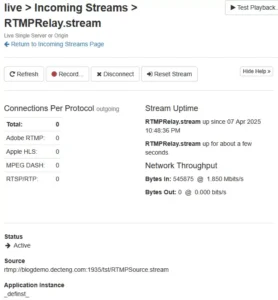 와우자 스트리밍 엔진의 스트림파일의 동작상태를 표시해 주고 있다. rtmp://blogdemo.decteng.com:1935/tst/RTMPSource.stream 소스에 연결 되어 있고 Byte In 에 1.85Mbps가 표시된다.