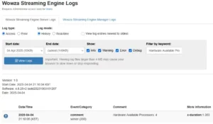 와우자 스트리밍 엔진의 로그 검색 화면에서 Hardware Available Procesors 를 검색해 4개의 프로세서가 있음을 확인