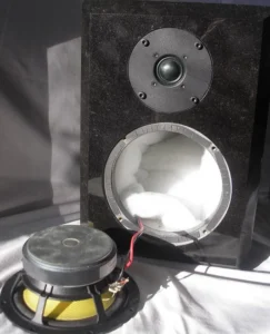 스피커를 분해한 모습 유닛과 내부 흡음재가 보인다.