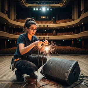 스테이지 모니터 스피커 옆에서 케이블을 조립하는 엔지니어