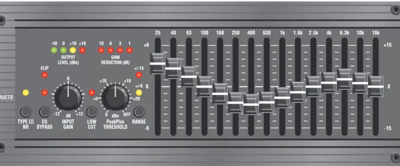 dbx 2215 그래픽 이퀄라이저의 절반 패널과 슬라이더 조작부