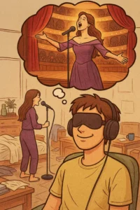 노래 연습 소리를 듣고 무대 공연처럼 상상하는 청각 이미지 비유 그림