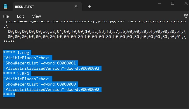 FC 명령어 결과 파일에서 ShowRecentList 등 변경된 레지스트리 값이 표시된 모습.
