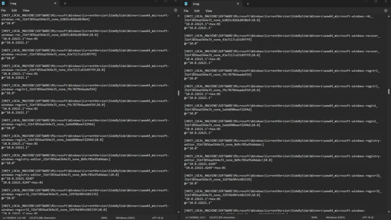 두 개의 레지스트리 파일을 메모장에서 나란히 열어 수동으로 비교하는 모습.