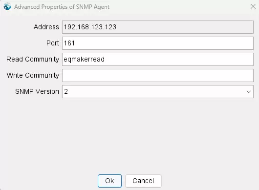 iReasoning MIB Browser에서 SNMP 에이전트 주소, 포트, 커뮤니티를 설정하는 Advanced Properties 화면