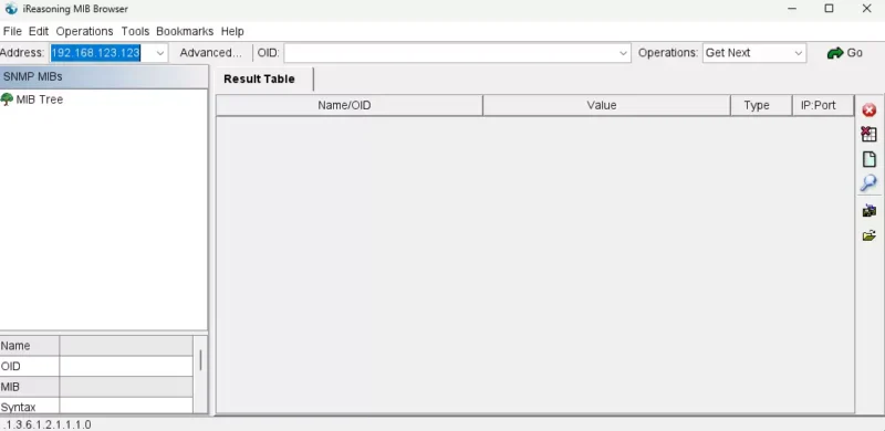 iReasoning MIB Browser의 초기 실행 화면, OID 입력 전 빈 상태의 인터페이스