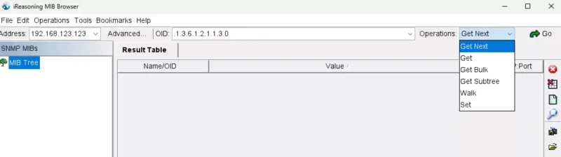 iReasoning MIB Browser에서 Get, GetNext, Walk 등 SNMP 작업 유형을 선택하는 Operations 메뉴