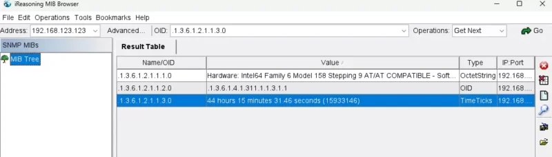 iReasoning MIB Browser가 SNMP 에이전트로부터 sysDescr, sysObjectID, sysUpTime 값을 조회한 결과 화면