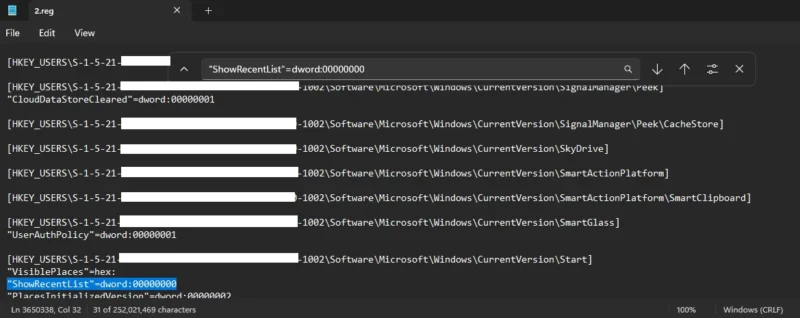 전체 레지스트리 파일에서 특정 키 이름을 검색하여 실제 경로를 찾는 과정.