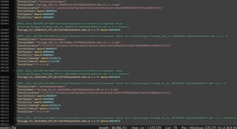 수백만 줄에 이르는 전체 윈도우 레지스트리 파일을 텍스트 편집기에서 연 화면으로, 방대한 레지스트리 데이터가 표시되어 있다.