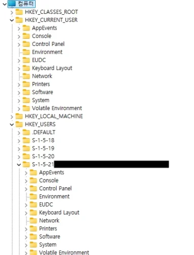 레지스트리 편집기에서 HKEY_CURRENT_USER와 HKEY_USERS의 SID별 구조를 비교해 보여주는 화면