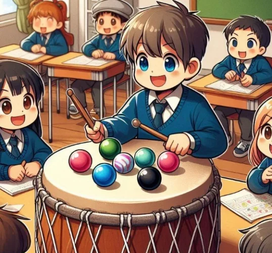 구슬이 놓인 북을 치는 아이