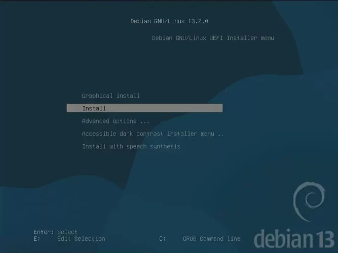 Debian GNU/Linux 13 UEFI 설치 프로그램 메뉴에서 Install 항목이 선택된 화면