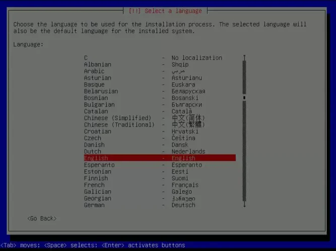 Debian 리눅스 설치 과정에서 설치 언어로 English를 선택하는 화면