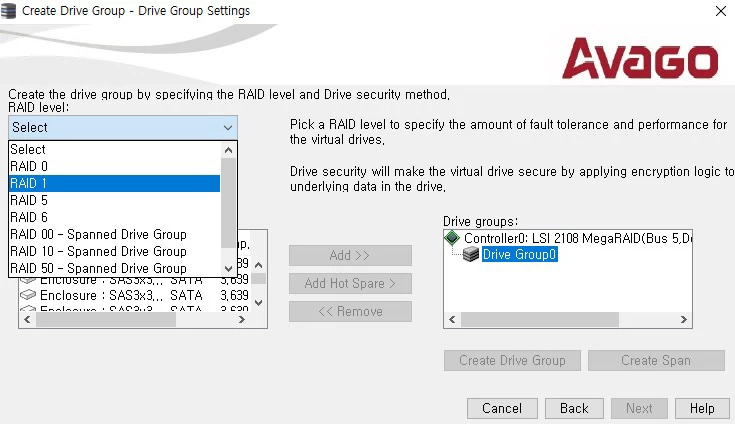 Virtual Drive 생성 과정에서 RAID0·RAID1·RAID5·RAID6 등 RAID 레벨을 선택하는 MegaRAID UI