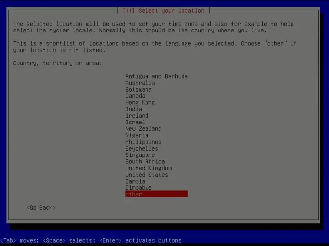 Debian 설치 중 국가 또는 지역 선택 단계에서 other를 선택하는 화면