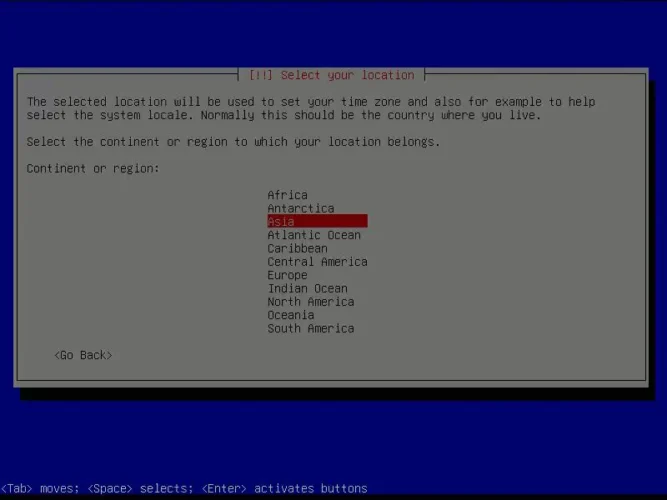 Debian 설치 과정에서 대륙 또는 지역으로 Asia를 선택하는 화면