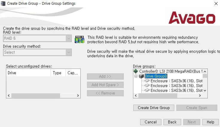 Avago MegaRAID Storage Manager에서 RAID6 구성을 위해 드라이브 그룹에 디스크를 추가하는 화면
