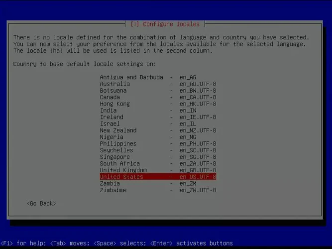 Debian 설치 중 로케일 설정에서 기본 로케일로 United States (en_US.UTF-8)를 선택하는 화면