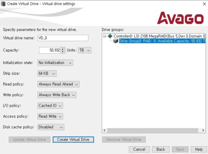 RAID6 구성 후 Virtual Drive 생성 시 기본 설정 옵션을 보여주는 Avago MegaRAID 화면