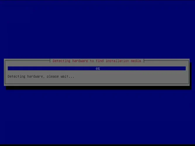 Debian 설치 프로그램이 하드웨어를 감지하여 설치 미디어를 확인하는 화면
