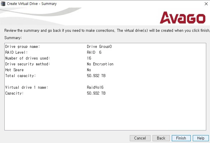 Avago MegaRAID Storage Manager에서 RAID6 가상 디스크 생성 전 Summary 화면에 Drive Group 정보와 용량이 표시된 모습