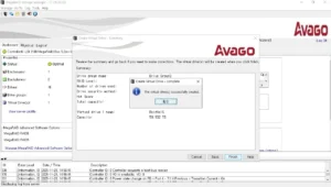 Avago MegaRAID Storage Manager에서 RAID6 Virtual Drive 생성이 완료되었다는 완료 메시지 팝업 화면