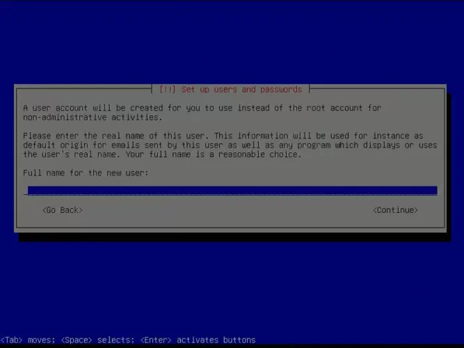 Debian 설치 과정에서 새로 생성할 계정의 사용자 이름을 입력하는 화면