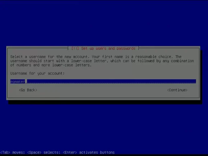 Debian 설치 중 새 사용자 계정의 로그인 아이디(username)를 입력하는 화면