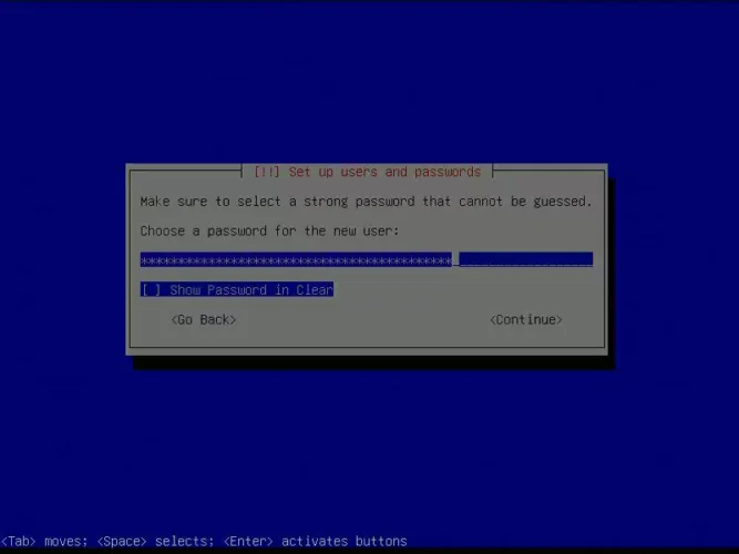 Debian 설치 과정에서 새 사용자 계정의 비밀번호를 설정하는 화면