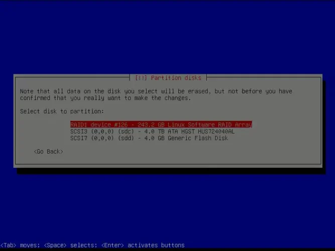 Debian 설치 중 파티셔닝할 디스크를 선택하는 화면