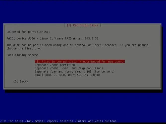 Debian 설치 과정에서 파티션 구성 방식으로 “모든 파일을 하나의 파티션에 배치” 옵션을 선택하는 화면