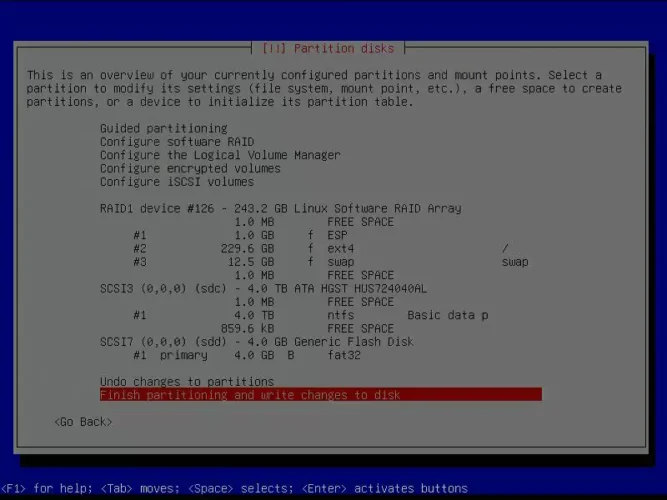 Debian 설치 중 생성될 파티션 구성과 마운트 포인트를 최종 확인하는 화면
