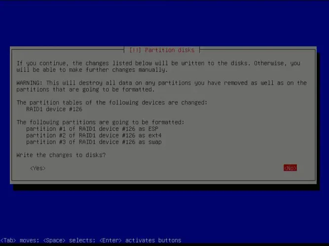 Debian 설치 과정에서 디스크에 변경 사항을 실제로 기록할 것인지 최종 확인하는 화면