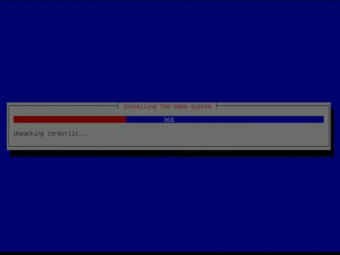 Debian 설치 프로그램이 기본 시스템 패키지(coreutils 등)를 설치하는 화면