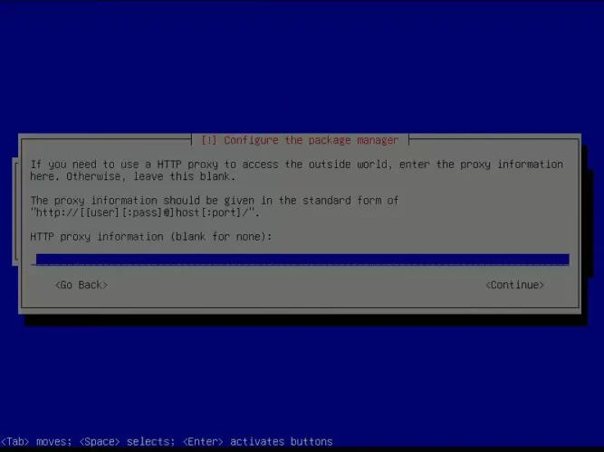 Debian 설치 중 HTTP 프록시 설정을 입력하는 화면