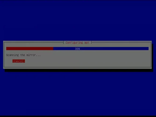 Debian 설치 과정에서 APT 패키지 관리자를 설정하고 미러 서버를 스캔하는 화면