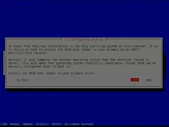 Debian 설치 과정에서 GRUB 부트 로더를 기본 부팅 디스크에 설치할지 확인하는 화면