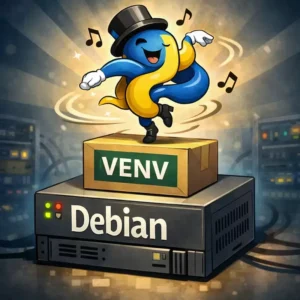 데비안 리눅스 시스템 위에서 venv 가상 환경을 표현한 상자 위에 올라 있는 파이썬 캐릭터 일러스트