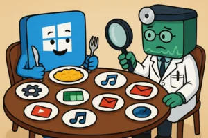 윈도우 서버와 MRTG 모니터링 시스템을 의인화하여 메모리 상태를 점검하는 일러스트