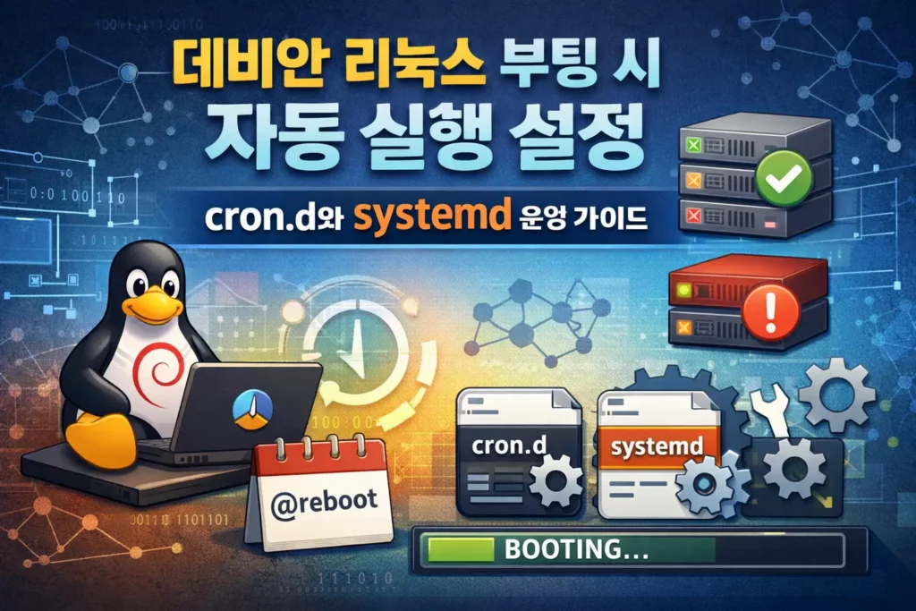 systemd 서비스 유닛과 cron.d를 비교하며 데비안 리눅스 부팅 자동 실행 구조를 설명하는 썸네일