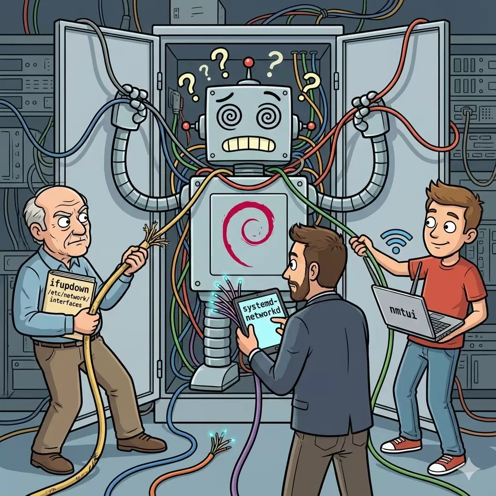 ifupdown, systemd-networkd, NetworkManager가 동시에 네트워크를 제어하려 해 혼란스러워하는 데비안 리눅스 서버