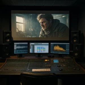 영화 오디오 포스트 프로덕션 작업을 위해 대형 스크린과 믹싱 콘솔, 모니터 스피커가 갖춰진 전문 스튜디오 내부 모습