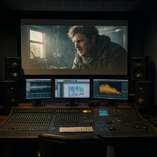 영화 오디오 포스트 프로덕션 작업을 위해 대형 스크린과 믹싱 콘솔, 모니터 스피커가 갖춰진 전문 스튜디오 내부 모습