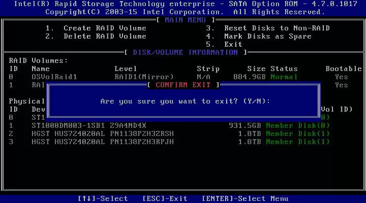 Intel RSTe BIOS 유틸리티에서 RAID 구성을 마친 후 Exit 선택 시 표시되는 종료 확인 메시지 화면