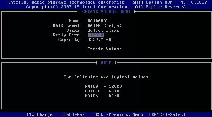 Intel RSTe RAID0 생성 시 스트라이프 크기 128KB가 선택된 Create Volume 메뉴 화면