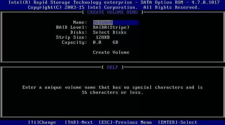 새 RAID 볼륨 생성 시 기본 볼륨 이름과 RAID Level, 디스크 선택 항목이 표시된 Intel RSTe 화면