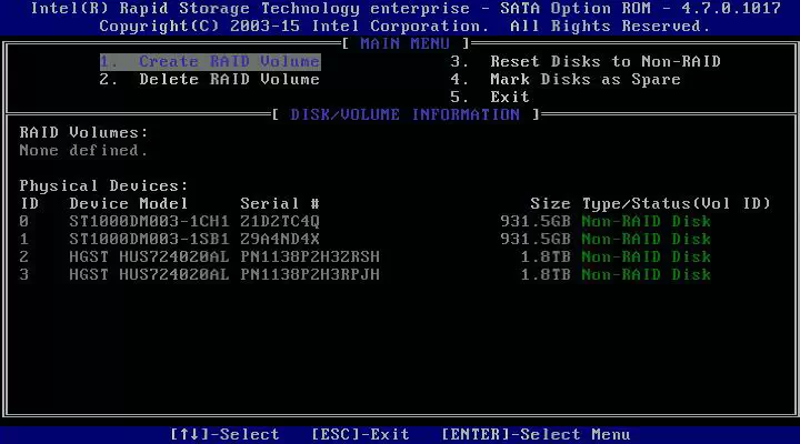 Intel RSTe SATA Option ROM 초기 화면에서 네 개의 디스크가 Non-RAID 상태로 표시된 모습