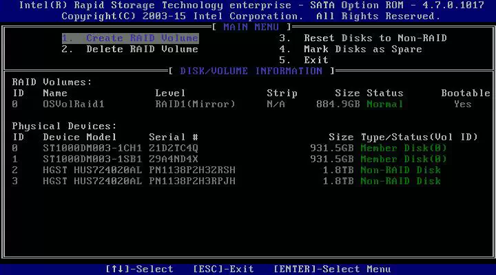 RAID1 볼륨이 정상적으로 생성된 뒤 RAID Volumes와 Physical Devices 상태가 표시된 화면